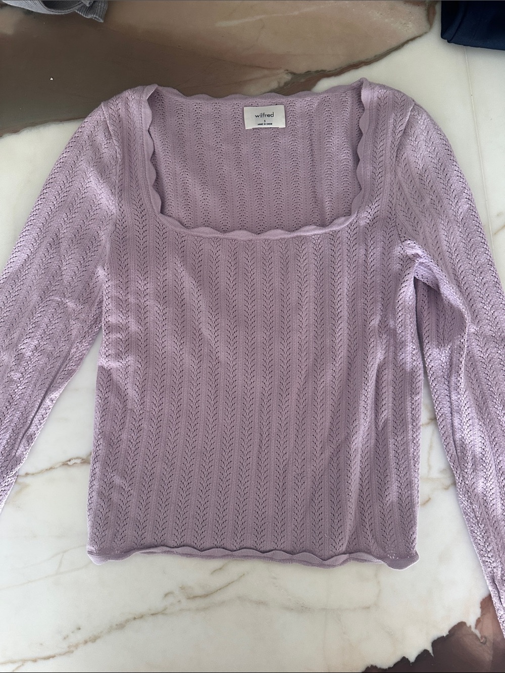 Aritzia Wilfred Lavender Scalloped Square-Neck Knit Top